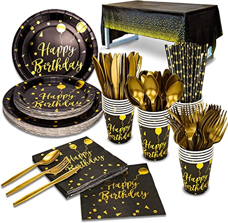 Photo 1 of 201 Pieces Gold Disposable Party Dinnerware Set &Golden Dot Disposable Birthday Party Dinnerware - Black Paper Plates Napkins Cups, Gold Plastic Forks Knives Spoons (25 Guests,201 Pieces)
