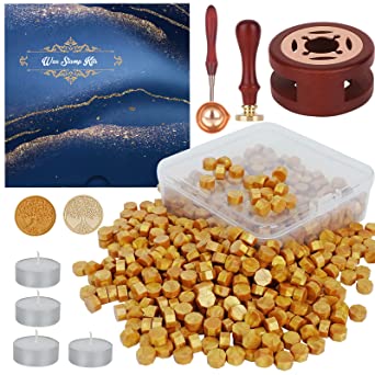 Photo 1 of Yagugu Wax Seal Stamp Kit, 357Pcs Wax Sealing Sets with Wax Beads, Seal Stamp, Wax Seals Warmer, Spoon, Candles, Wax Seal Kit for Christmas Vintage Envelopes Letters Mailing Crafts Gift (Gold)
