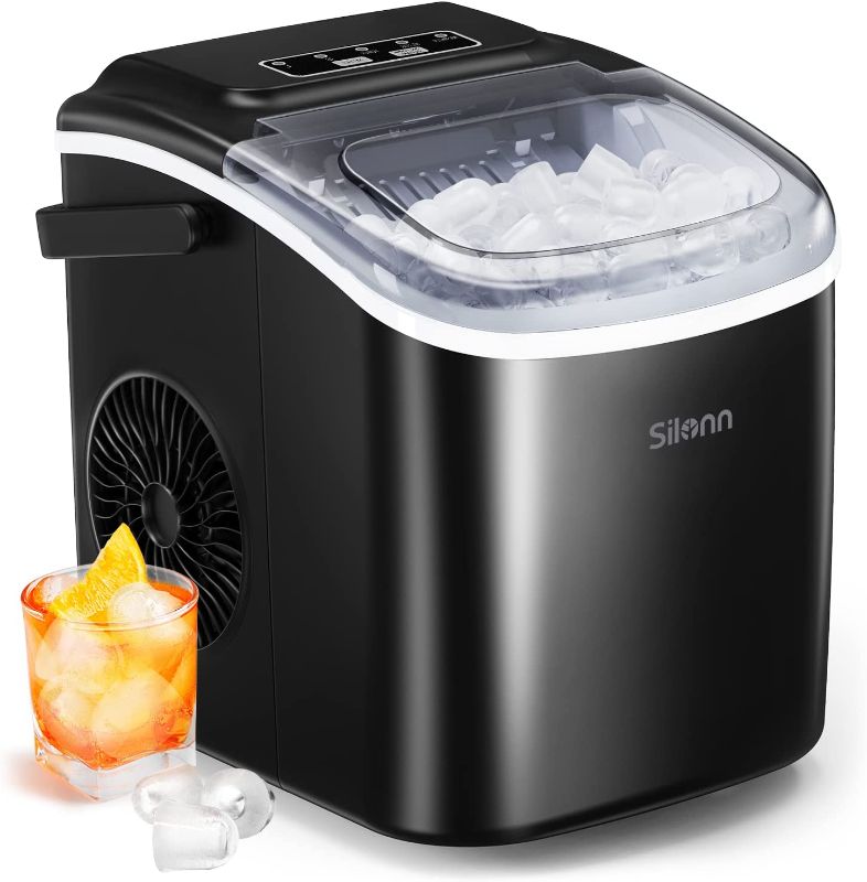 Photo 1 of Silonn Countertop Ice Maker, 9 Cubes Ready in 6 Mins, 26lbs in 24Hrs, Self-Cleaning Ice Machine with Ice Scoop and Basket, 2 Sizes of Bullet Ice for Home Kitchen Office Bar Party, Black (SLIM09)