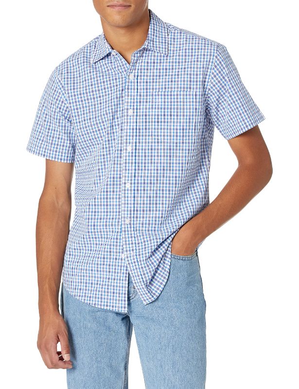 Photo 1 of Amazon Essentials Men's Regular-Fit Short-Sleeve Poplin Shirt  Blue, Plaid - SIZE LARGE 