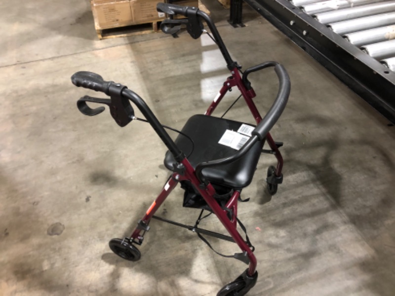 Photo 3 of 3 TIRES WORK - BACK TIRE DOESNT MOVE - DAMAGE - Medline Steel Rollator Walker Burgundy 350 lbs Capacity