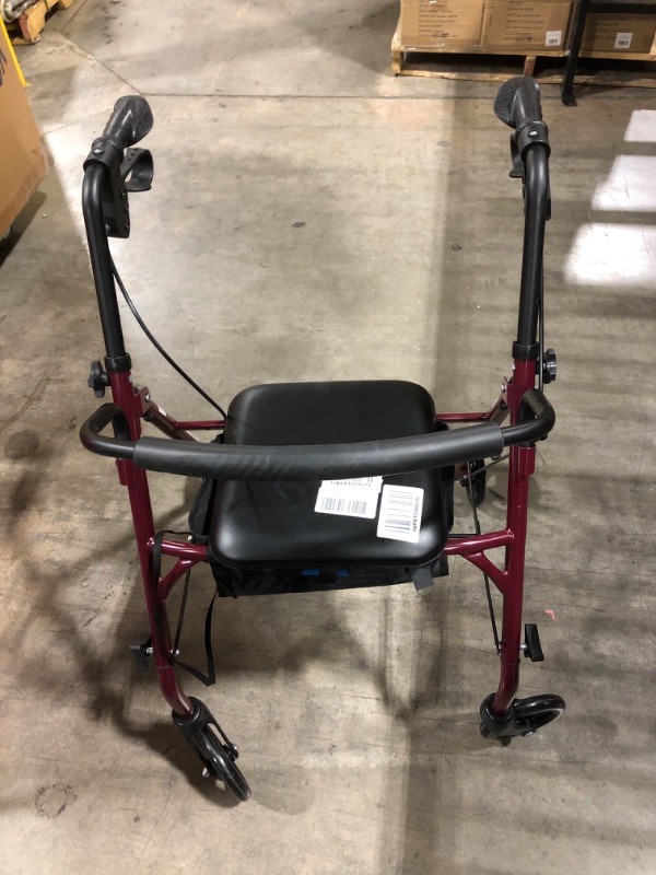 Photo 2 of 3 TIRES WORK - BACK TIRE DOESNT MOVE - DAMAGE - Medline Steel Rollator Walker Burgundy 350 lbs Capacity