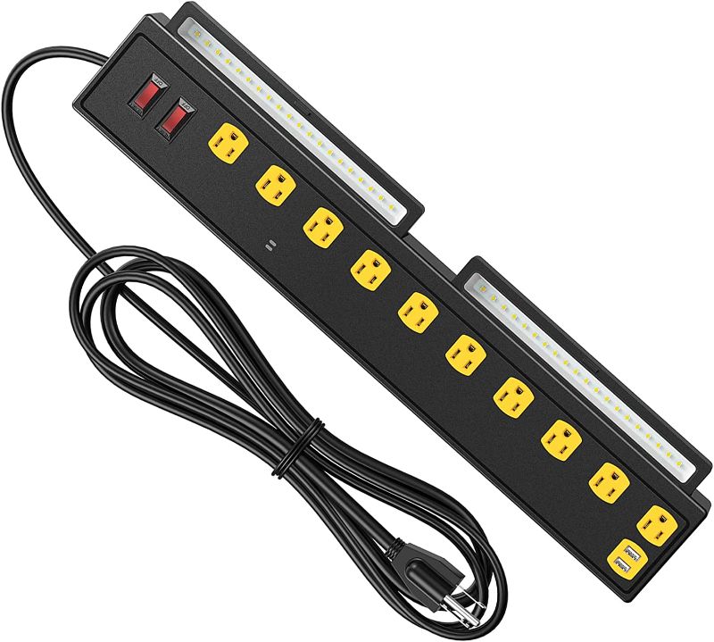 Photo 1 of 10-Outlet Heavy Duty Power Strip with LED Work Light, Wall Mount Long Power Strip with USB Ports, 6.56 FT Power Cord 1350 Joules Outlet Surge Protector for Workshop Garage Industrial (ETL Listed)
