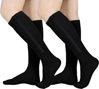 Photo 1 of 2 Pairs Zipper Compression Socks Women and Men, Closed Toe Compression Stocking, 15-20 mmHg Knee high compression socks for Edema, Varicose Veins, Swollen Sore
