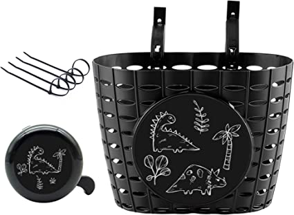 Photo 1 of Dankeler Kids Bike Basket with Bell, Cute Cartoon Bicycle Basket for School, Outdoor, Sports, Cycling, Adjustable Plastic Front Handlebar Tricycle Basket for Boys, Girls, Toddlers, Black
