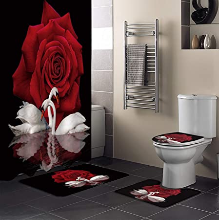 Photo 1 of 4 Piece Shower Curtain Sets with Non-Slip Rugs, Toilet Lid Cover and Bath Mat, Happy Valentine's Day Romantic Red Rose Flower White Swan Sweet Mood Shower Curtain with 12 Hooks, Durable and Waterproof
