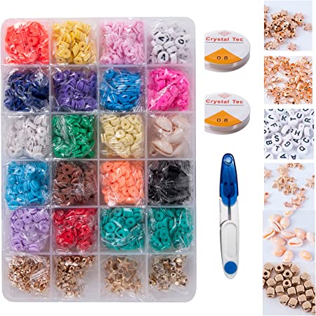 Photo 1 of 3800 Pcs Clay Beads for Bracelets Making Kits, 18 Colors 6mm Flat Round Polymer Heishi Clay Beads with Pendant and Jump Rings Letter Beads, Necklace Earring DIY Gift for Girls
