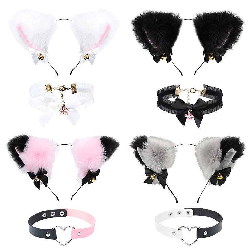 Photo 1 of 4PCS Cat Ears Headband Cosplay Plush Furry Cat Ears with 4Pcs Love Heart and Cherry Choker Necklace Halloween Cosplay Costume Party Hair Accessories Headbands for Women
