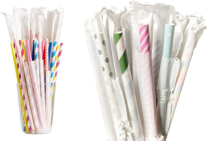 Photo 1 of 100 Pack Premium Biodegradable Paper Straws Individually Wrapped 7.75 x 2.4 inch (Assorted Color)
