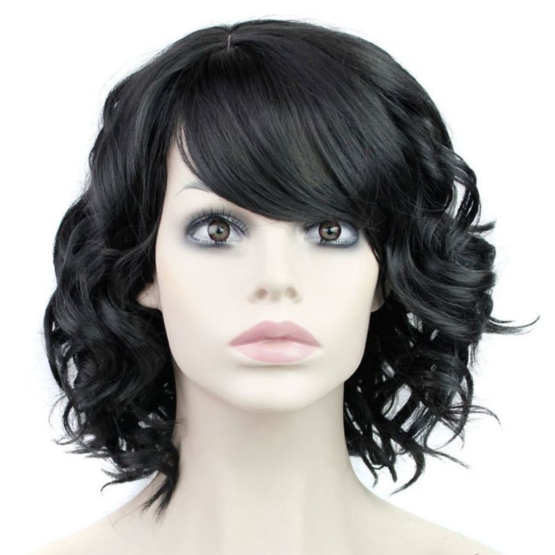 Photo 1 of BERON Short Curly Wigs Fashion Wavy Bob Wigs with Side Bangs Short Full Synthetic Wigs for Black Women (Black)
