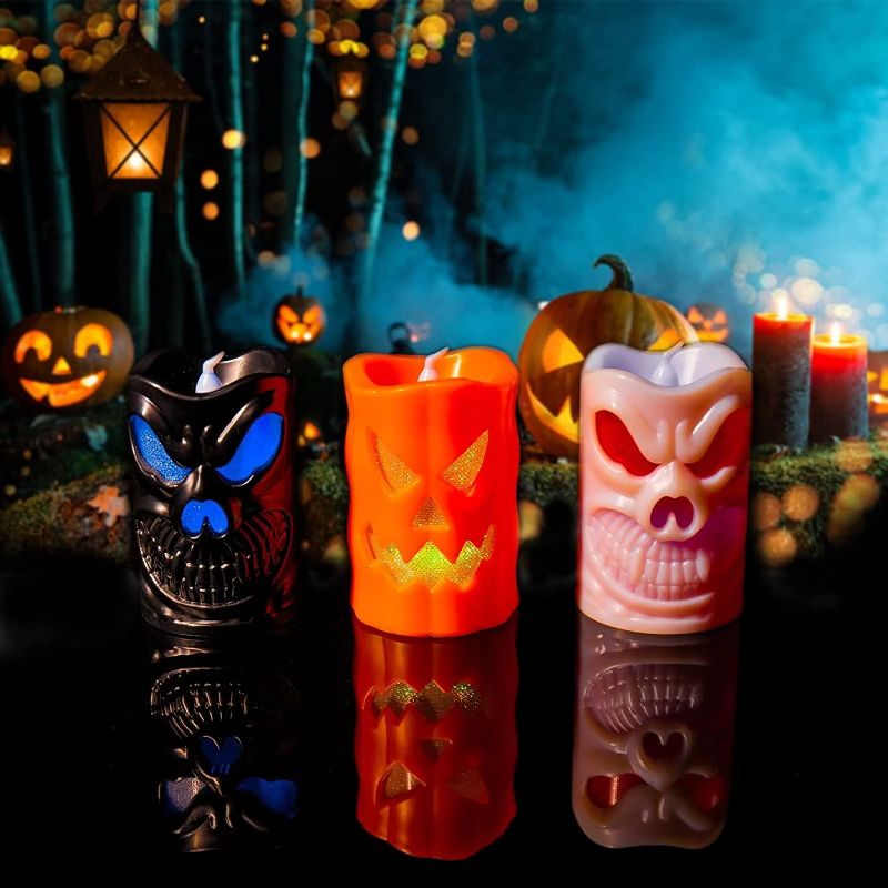 Photo 2 of 4.5 out of 5 stars23 Reviews
Halloween Candles - Halloween Flameless Candles with RGB Color Changing, Battery Operated Fake Candles, Flickering LED Candles with Pumpkin, Skull, Ghost for Halloween Decorations and Props - 3 PCS