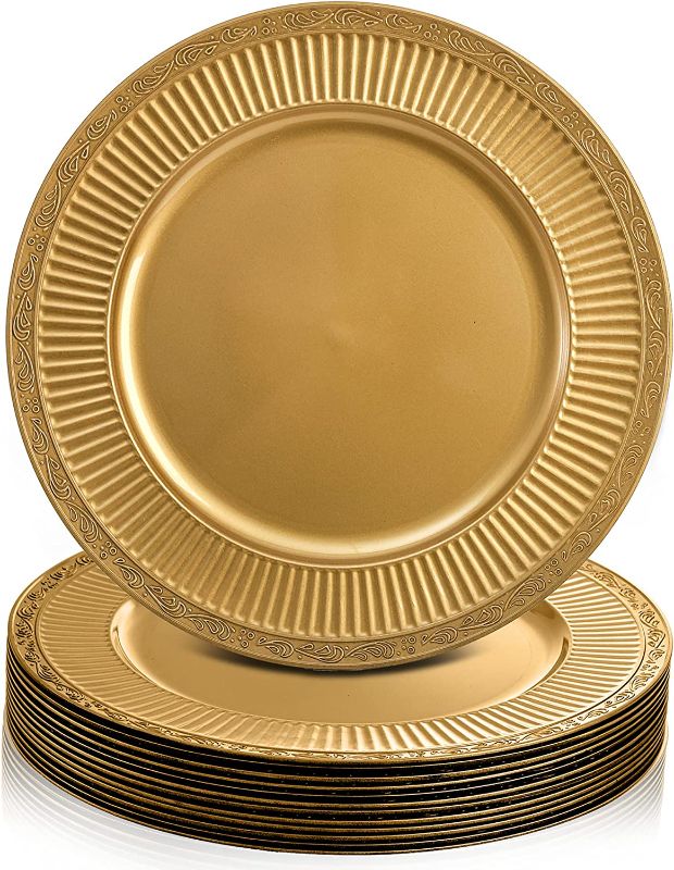 Photo 1 of Yesland 12 Pack Gold Charger Plates with Hammered Rim, 13 Inch Plastic Round Charger for Dinner Plates Dinner Chargers Set for Wedding Decorative, Party,...
