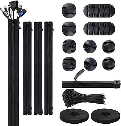 Photo 1 of 126pcs Cable Management Organizer Kit, 4 Cable Sleeve, 10 Reusable Cable Ties, 10 Self Adhesive Cable Clip Holder, 2 Velcro Cable Tie Rolls, 100 Fastening Cable Ties for Office Desk Electronics
