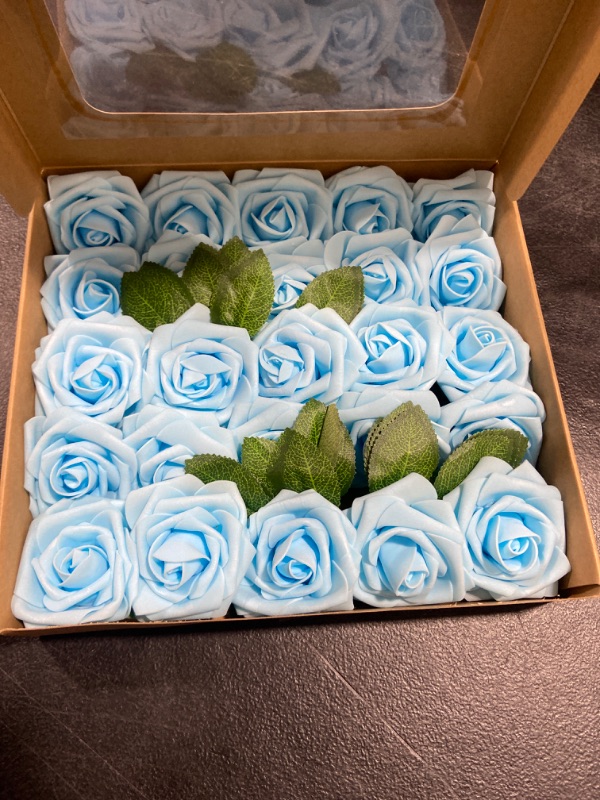 Photo 2 of ASYOUWISH Artificial Flowers 25pcs Real Touch Fake Rose with Stems Foam Roses Bulk for DIY Wedding Bouquets Centerpieces Arrangements Party Baby Shower Home Decorations, Blue