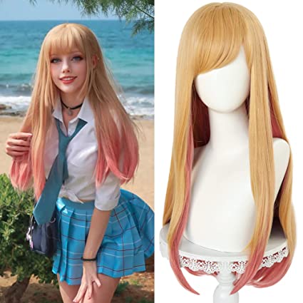 Photo 1 of ANOGOL+Hair Cap Long Blond ombre Pink Wig for Women Girls Cosplay Wig with Bangs Synthetic Hair Wig Costume for Anime
