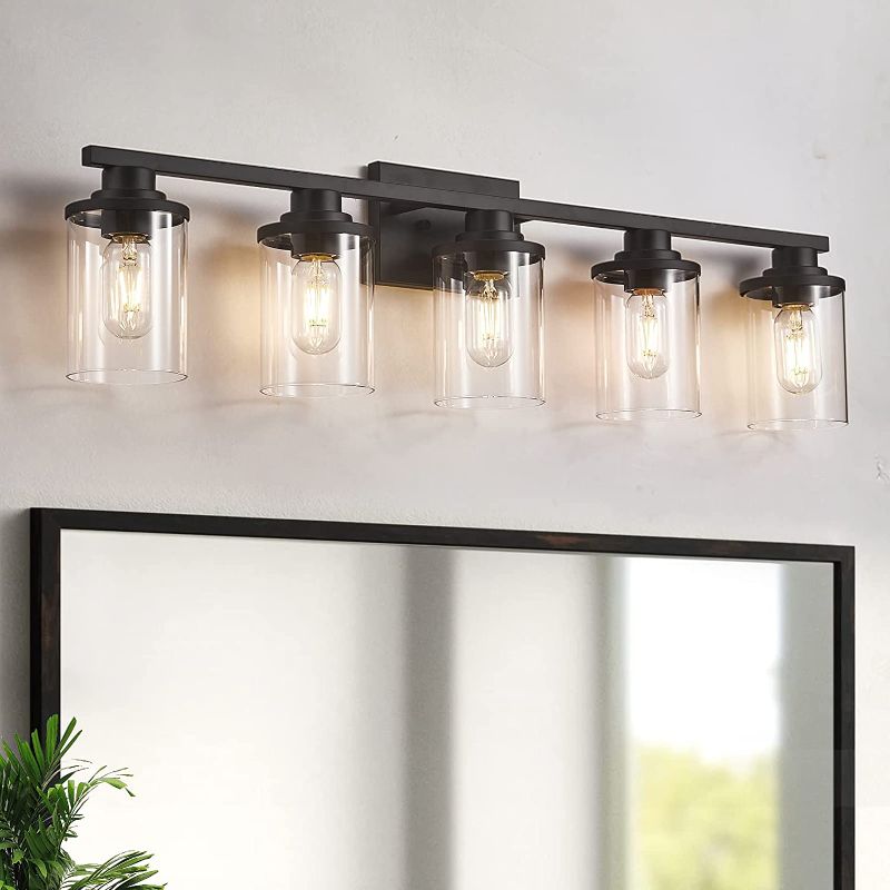 Photo 1 of 5 Light Bathroom Vanity Light, Black Bathroom Light Fixtures, Sconces Wall Lighting with Clear Glass Shade, Modern Matte Balck Vanity Lighting fixtures for Bathroom, Bedroom, Hallway