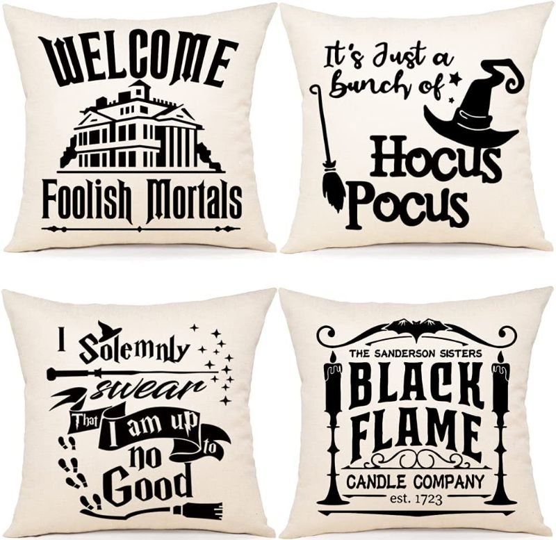 Photo 1 of YCOLL Halloween Pillow Covers 18x18 Set of 4 Halloween Farmhouse Decor Hocus Pocus Quote Saying Pillow Covers Outdoor Fall Pillows Decorative Throw Cushion Case for Home Couch(White) 