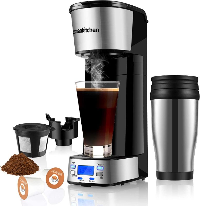 Photo 1 of Programmable Single Serve Coffee Makers With Portable Travel Mug Compatible with K Cup Pod & Coffee Ground, Mini 2-In-1 Coffee Machines with Brew Strength Control, Personal Compact Coffee Brewer 14 Oz 