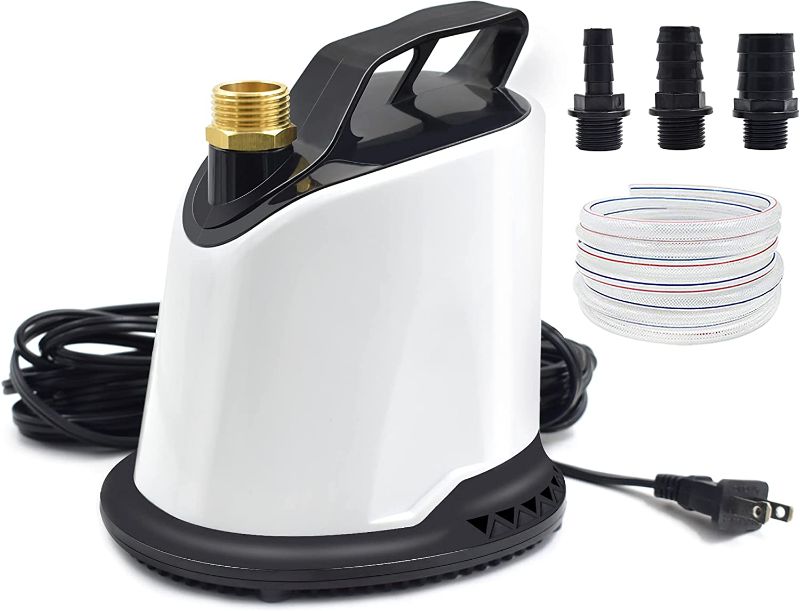 Photo 1 of AgiiMan Pool Cover Pump, 1100 GPH Submersible Water Sump Pump for Pool Draining with Adjustable Filter, 16' Drainage Hose and 25' Power Cord, 4 Adapters, White 