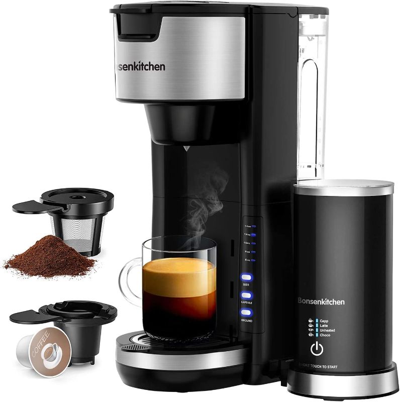 Photo 1 of Bonsenkitchen Singles Serve Coffee Makers With Milk Frother, 2-In-1 Coffee Machine For K Cup Pod & Coffee Ground, Latte and Cappuccino Maker, Built in Portable Electric Milk Steamer
