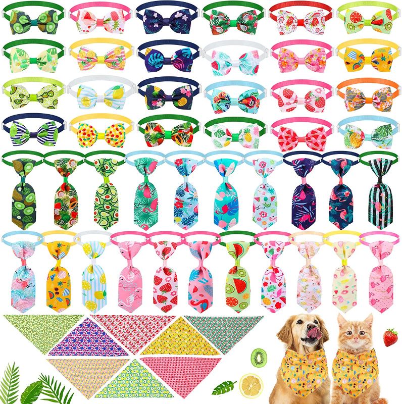 Photo 1 of 56 Pcs Dog Bow Tie Collar Triangle Scarfs Set Include 24 Dog Neckties 24 Dog Bow Ties 8 Pet Triangle Scarfs, Hawaii Dog Bandanas Tropical Fruits Dog Bibs Bows with Adjustable Collar for Dogs Cats Pets

