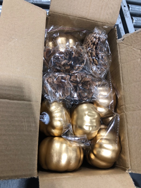 Photo 2 of 12 pcs Assorted Sizes Gold Artificial Pumpkins Faux Foam Autumn Pumpkins with 24 pcs Acorns and 6 pcs Pinecones for Halloween Thanksgiving Table Fall Harvest Home Decorations 12 Pcs Golden Pumpkins