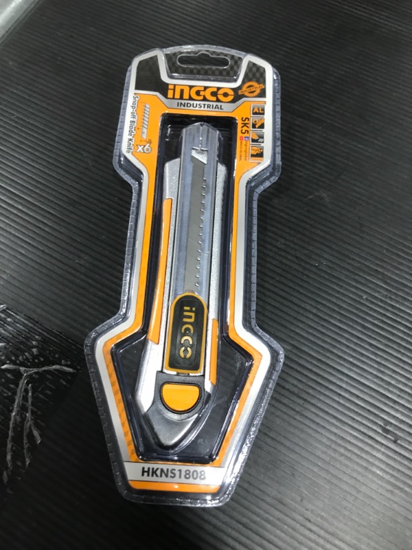 Photo 1 of INGCO Retractable Utility Knife, Aluminum Box Cutter Heavy Duty with 6pcs Self Loading Quick Change Snap-off SK5 Blades for Cutting Box Paper Bag Carpet Carton Cloth HKNS1808