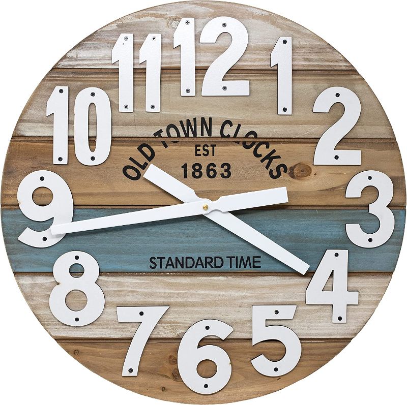 Photo 1 of 30" Wooden Multi-Color Maritime Coastal Beach Large Number Wall Clock (Blue, 30 inch) 
