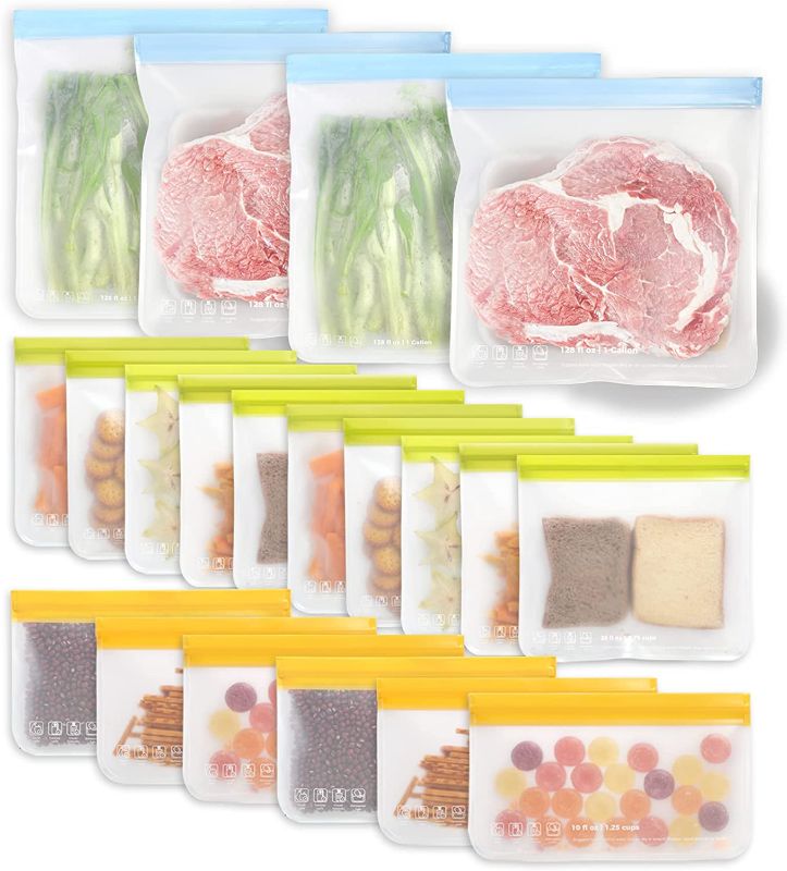 Photo 1 of 20 Pack Dishwasher Safe Reusable Food Storage Bags (10 Reusable Sandwich Bags, 6 Reusable Snack Bags, 4 Freezer Gallon Bags), Extra Thick Leakproof Silicone Free Plastic Bags