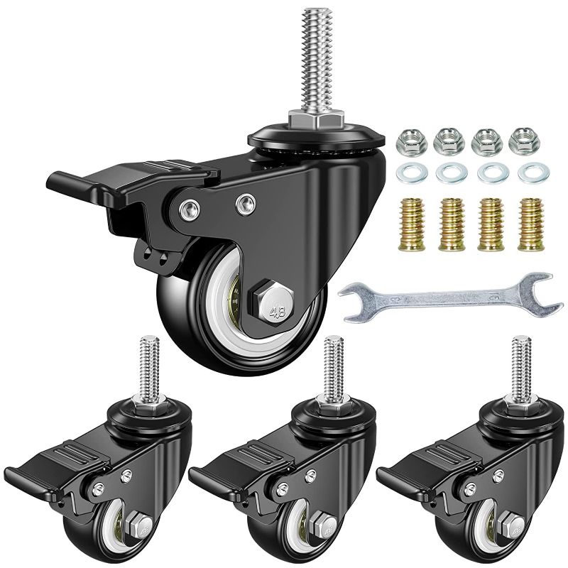 Photo 1 of 1.5 Inch Swivel Caster Wheels Set of 4, YEEMIGO Locking Casters Heavy Duty Total Capacity 330lbs, Metric M8×25mm Threaded Stem PU Casters with Brake, Castors for Hardwood Floor Carpet