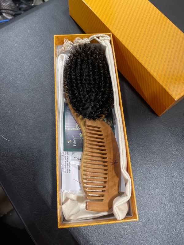 Photo 1 of 100% Boar Bristle Hair Brush Set. Soft Natural Bristles for Thin and Fine Hair. Restore Shine And Texture. Wooden Comb
