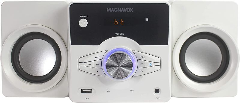 Photo 1 of Magnavox MM442-WH 3-Piece Top Loading CD Shelf System with Digital PLL FM Stereo Radio, Bluetooth Wireless Technology, and Remote Control in White | Blue Lights | LED Display | AUX Port Compatible |