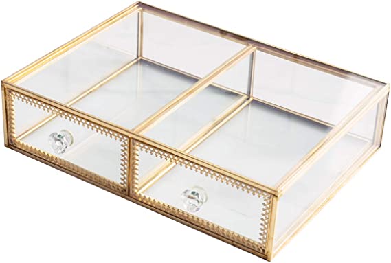 Photo 1 of Antique Beauty Display Clear Glass 2 Drawers Palette Organizer, Cosmetic Storage, Makeup Container 2 Cube Jewelry Case Holder/Beauty Dresser Vanity Cabinet Decorative Keepsake Box