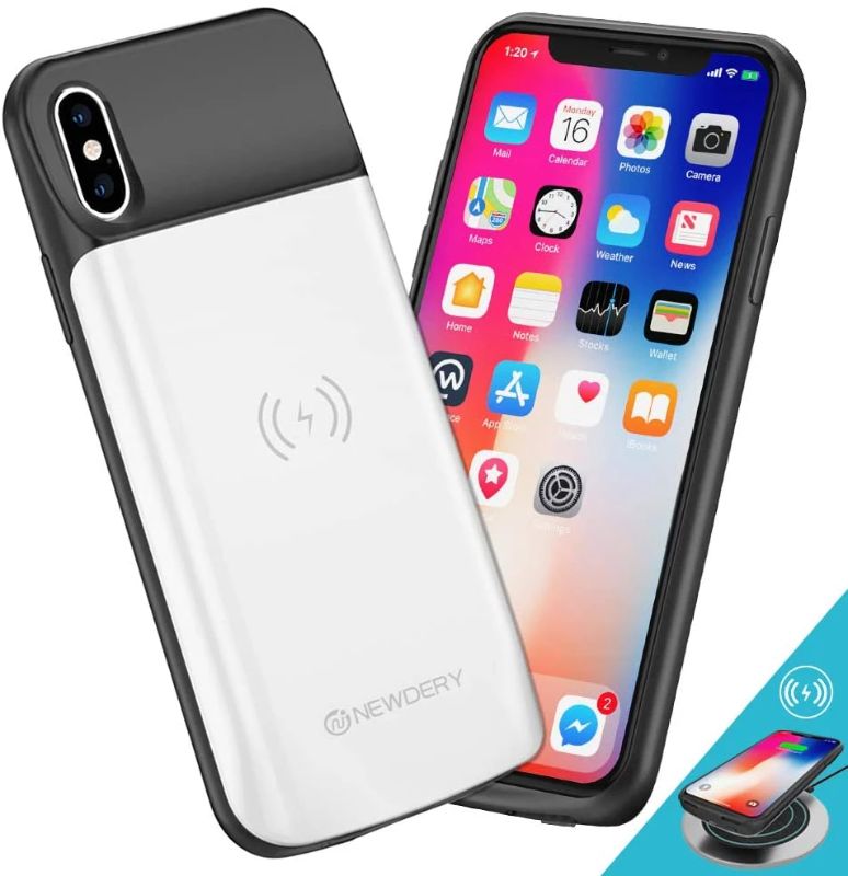 Photo 1 of NEWDERY Upgraded iPhone X Xs Battery Case Qi Wireless Charging Compatible, 6000mAh Slim Extended Rechargeable External Charger Case Compatible iPhone X Xs 10 (5.8 Inches White)