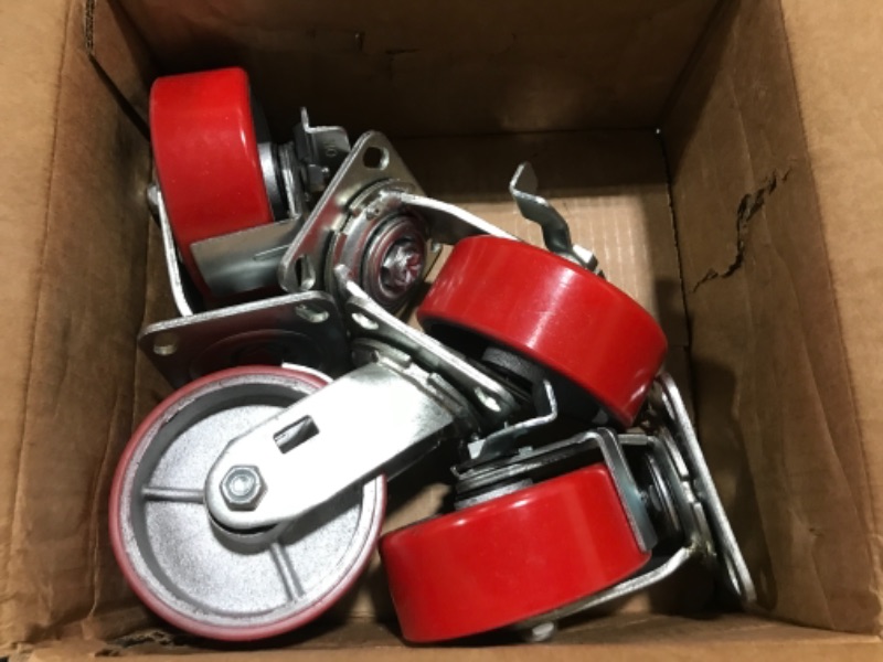 Photo 2 of 5" x 2" Heavy Duty Swivel Caster Set of 4 - Red Polyurethane on Steel Core with Brakes - 4,400 lbs Per Set of 4 - Toolbox Casters - CasterHQ