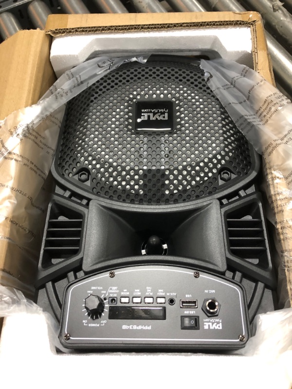 Photo 2 of Portable Bluetooth PA Speaker System-300W Rechargeable Indoor/Outdoor Bluetooth Speaker Portable System w/ 8” Subwoofer 1” Tweeter, Microphone in, Party Lights, MP3/USB, Radio, Remote - Pyle PPHP834B
