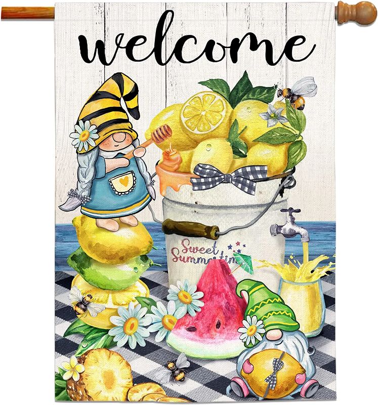 Photo 1 of Bonsai Tree Summer Flag, Hello Summer Flags for Outdoors 28 x 40 Double Sided, Lemon Gnomes with Pineapple Watermelon Burlap House Flag, Welcome Seasonal