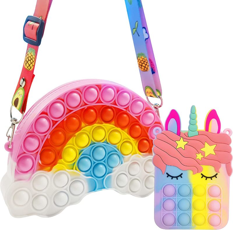 Photo 1 of 2 Pack Pop Shoulder Bag Toys for Girls and Women, Big Rainbow Pop Fidget Bag Lovely Cartoon Pop Purse Bags for Mom and Daughter Easter Party Favors 