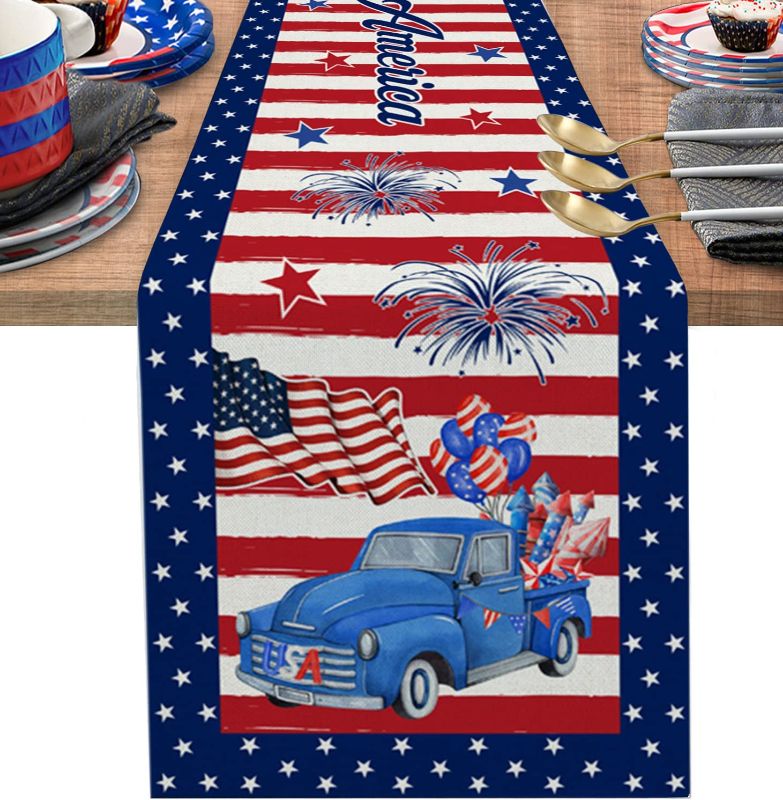 Photo 1 of 4th of July Table Runners 36 Inches Long Stars Red Stripes Blue Truck Independence Day Table Runner for Dining Room Non-Slip USA American Flag Dinner Runner Kitchen Decor 