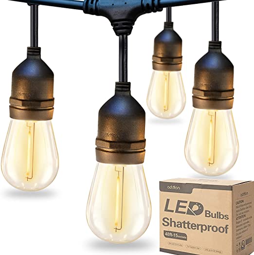 Photo 1 of addlon LED Outdoor String Lights 48FT with 2W Dimmable Edison Vintage Shatterproof Bulbs and Commercial Grade Weatherproof Strand - ETL Listed Heavy-Duty Decorative Lights for Patio Garden