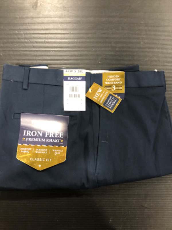 Photo 2 of [44W x 29L] Haggar Men's Iron Free Premium Khaki Classic Fit Flat Front Expandable Waist Casual Pant - Dk Navy Reg 