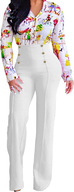 Photo 1 of A ADILACA Women's 6-Button Trousers, Casual Work Office Basic Flare Dress Pants, High Waist Straight-Leg Long Pants
