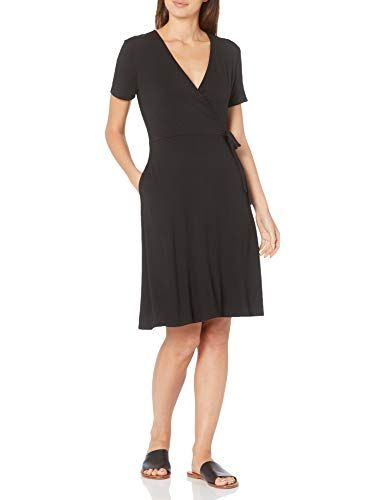 Photo 1 of Amazon Essentials Women's Cap-Sleeve Faux-Wrap Dress, Black, Small