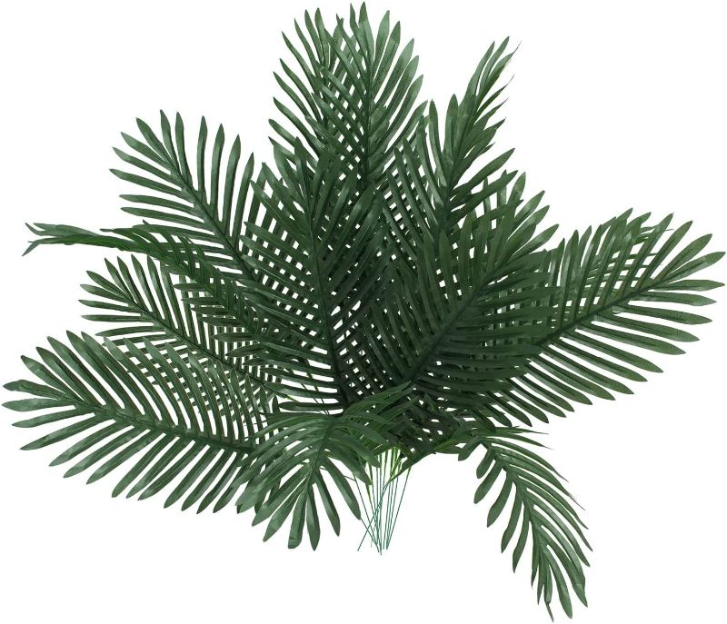 Photo 1 of 18 Pcs Large Artificial Palm Leaves with Stems Tropical Palm Tree Leaves Faux Plant Leaves Fake Palm Leaf Jungle Safari Leaves Greenery for Palm Easter Wedding Party Decorations
