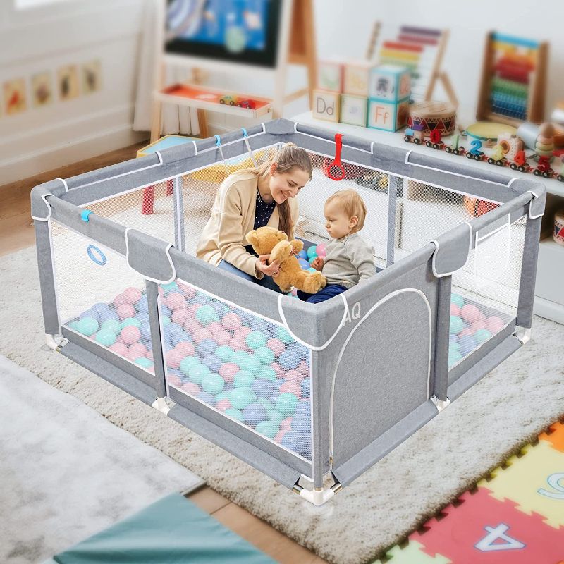 Photo 1 of EAQ Baby Playpen 50”×50”, Playpen for Babies and Toddlers with Gate,Large Playpen for Babies,Baby Fence, Baby Play Yard with Basknet Net and Pull Rings
