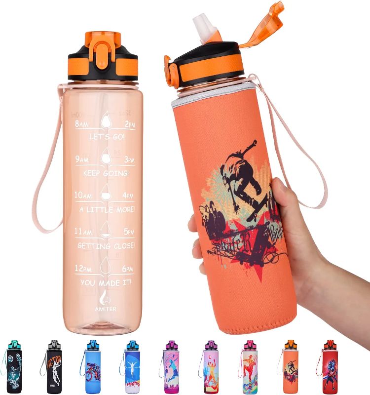 Photo 1 of AMITER 32oz Water Bottles with Straw and Sleeve, 1 Liter BPA Free & No Sweat Sports Water Jug with Time Marker, Motivational Water Bottle with Times to Drink, Ideal Gift for Camping, Fitness, Outdoors
