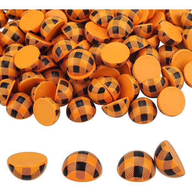 Photo 1 of 120 Pieces Half Wooden Balls Plaid Wood Beads Orange Black Buffalo Split Wood Balls for Fall Thanksgiving Harvest Farmhouse DIY Project Craft Holiday Ornament, 15 mm
