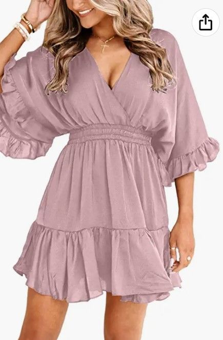 Photo 1 of Aoysky Womens V Neck Casual Dresses Summer Loose High Waist Ruffle Pleated Cute Mini Short Dress
LARGE 
