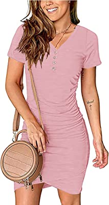 Photo 1 of BTFBM Women’s Summer Casual V Neck Short Sleeve Ruched Bodycon T Shirt Short Mini Dresses with Buttons
LARGE 