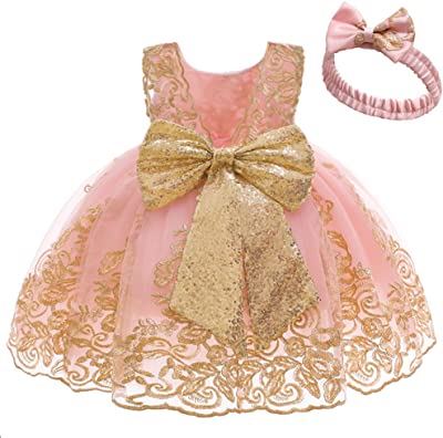 Photo 1 of 5-6 YEARS  Big Bowknot Sequins Toddler Baby Girls Embroidered Lace Dresses with Headwear
